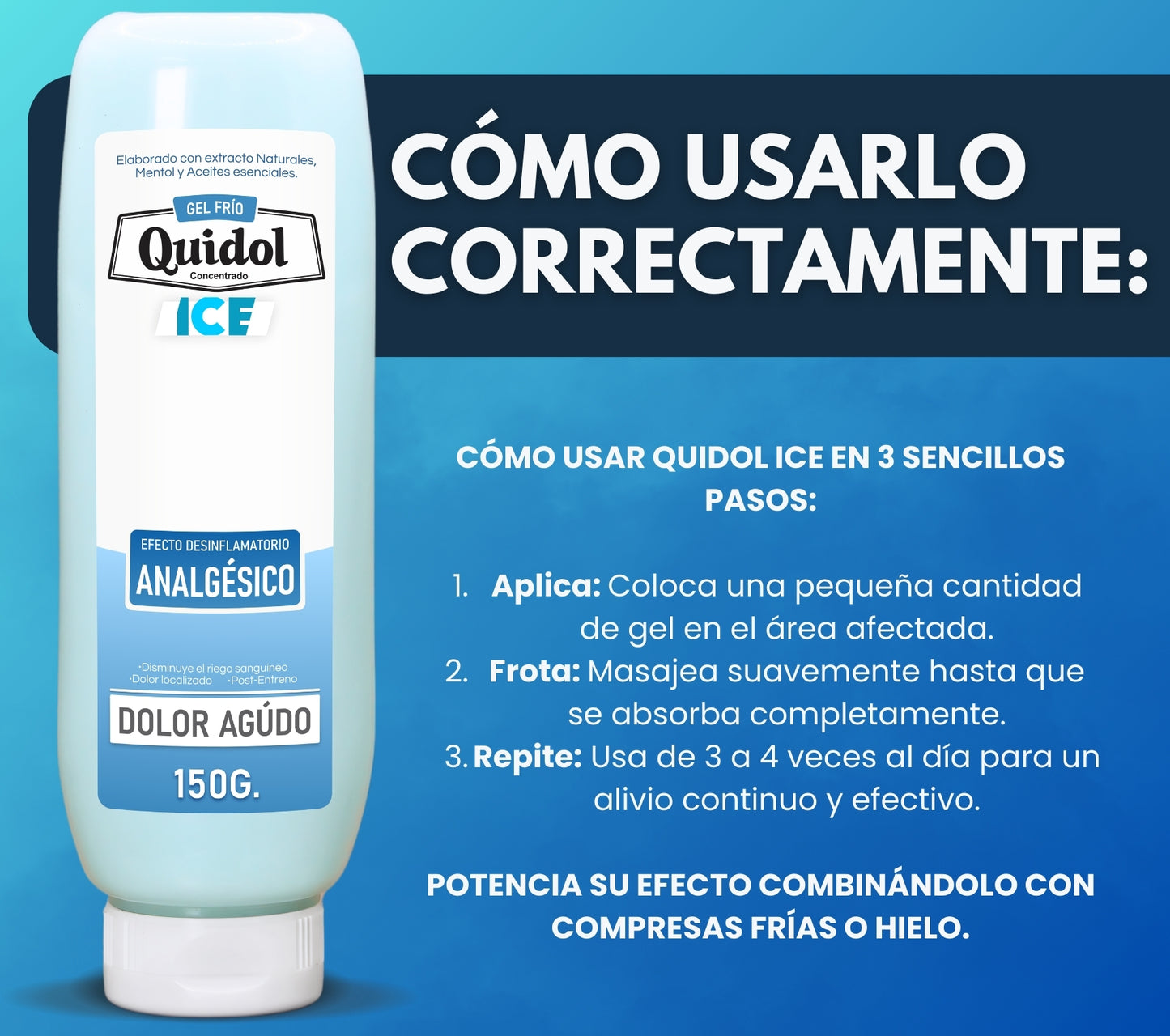 Quidol Ice 150gr. | Gel Extra Frío para Alivio Inmediato de Dolor Muscular y Articular – Efecto Cooling Intenso con Mentol, Árnica y Aloe Vera