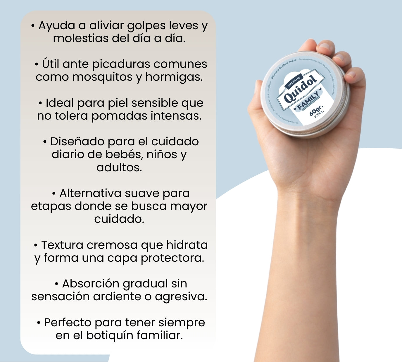 Quidol Family 60gr. | Bálsamo de Alivio Rápido para Golpes, Picaduras y Molestias Diarias – Fórmula Suave para Toda la Familia con Árnica y Caléndula