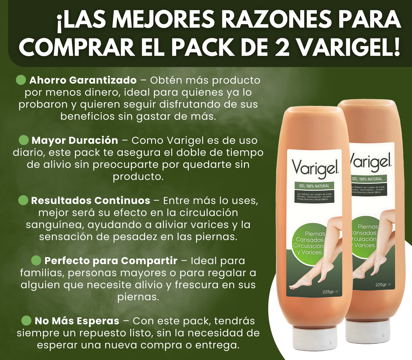 Varigel 225gr. | Alivio para Varices, Hinchazón y Piernas Cansadas con Efecto Refrescante Inmediato