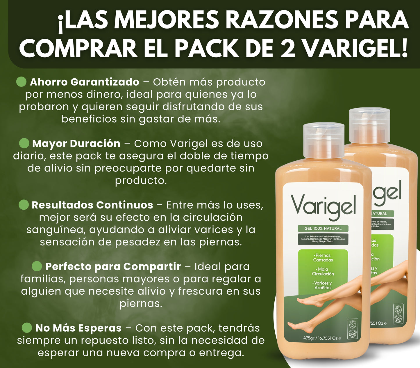 Varigel 475gr. | Alivio para Varices, Hinchazón y Piernas Cansadas con Efecto Refrescante Inmediato