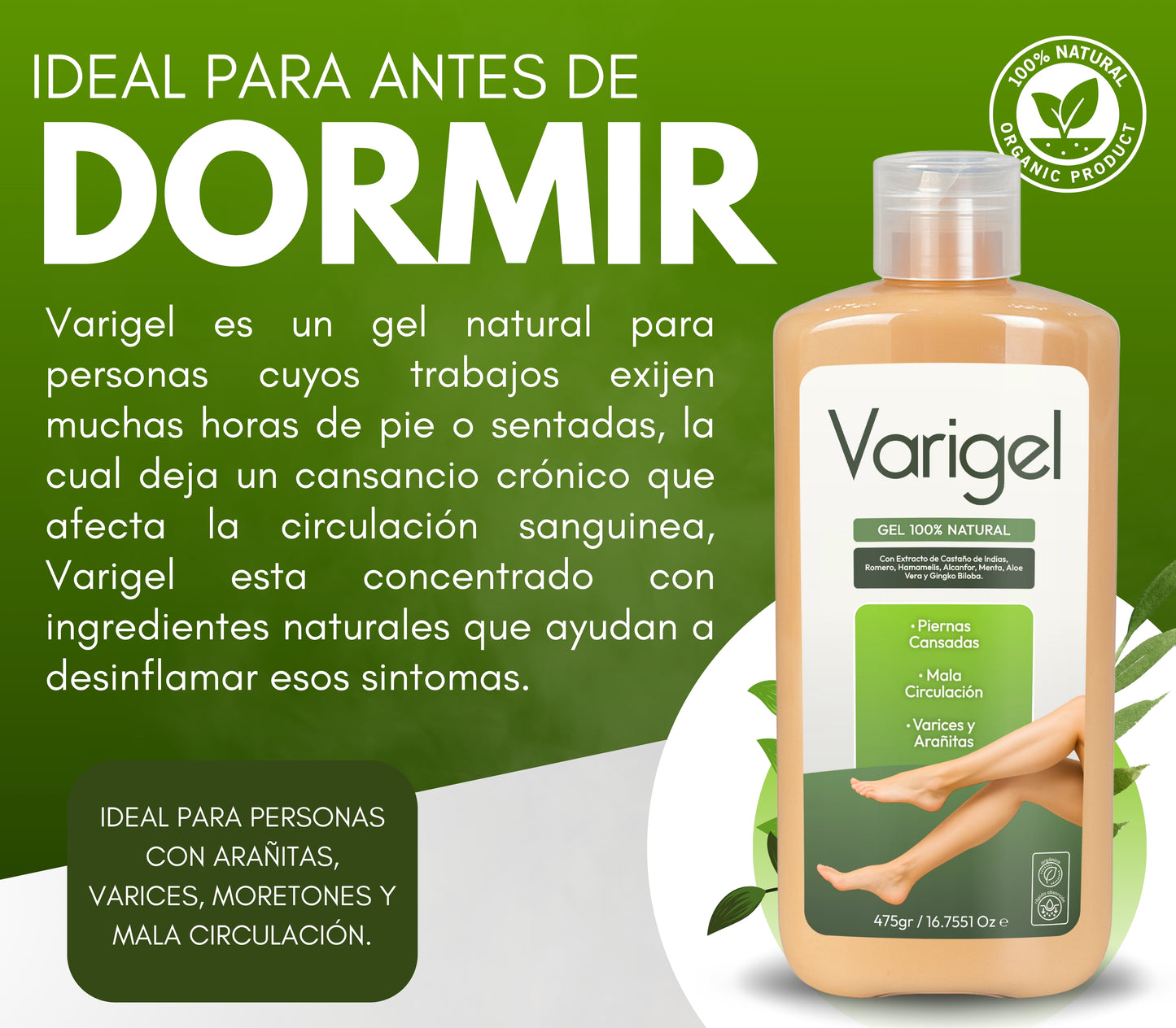 Varigel 475gr. | Alivio para Varices, Hinchazón y Piernas Cansadas con Efecto Refrescante Inmediato