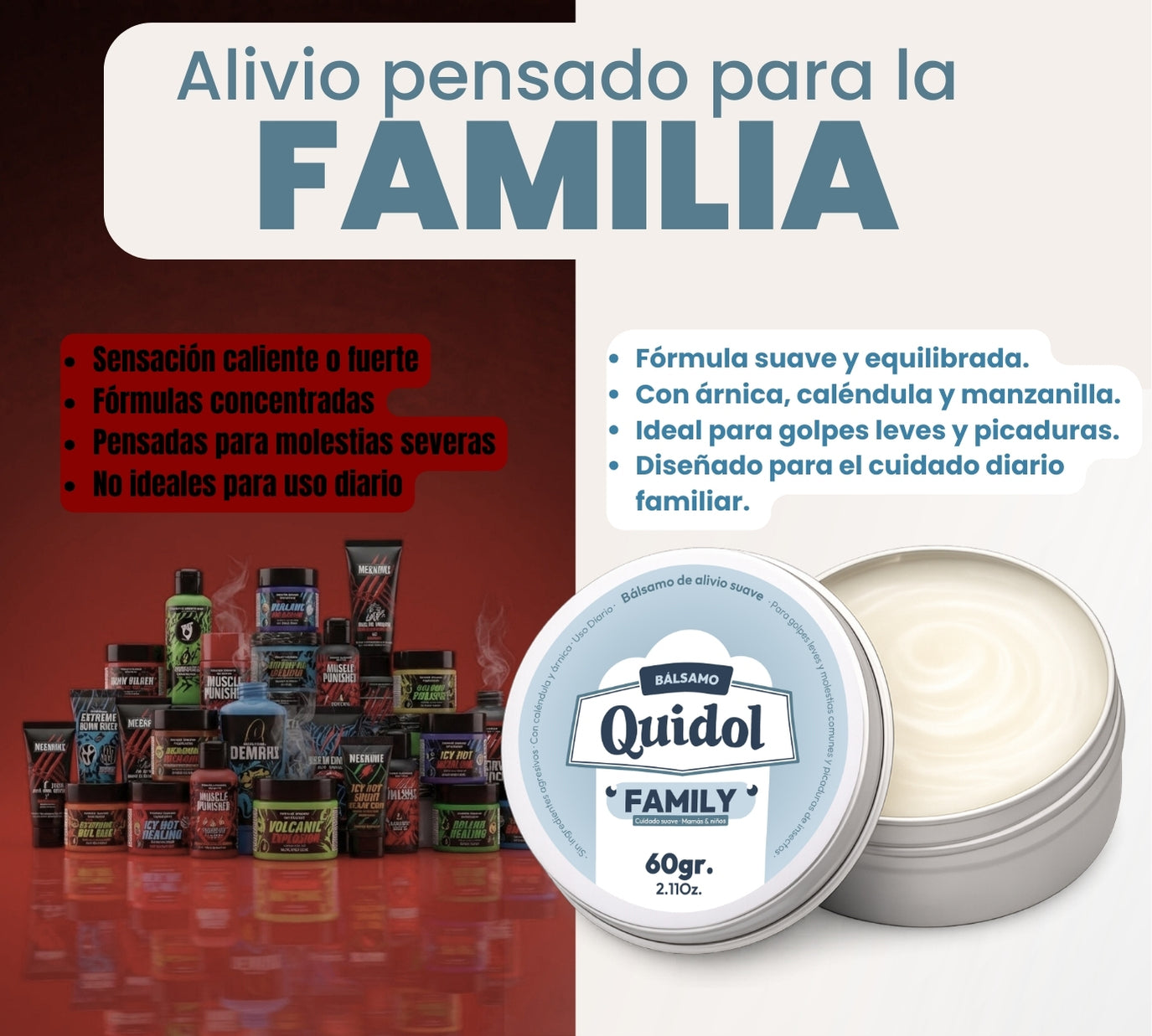 Quidol Family 60gr. | Bálsamo de Alivio Rápido para Golpes, Picaduras y Molestias Diarias – Fórmula Suave para Toda la Familia con Árnica y Caléndula