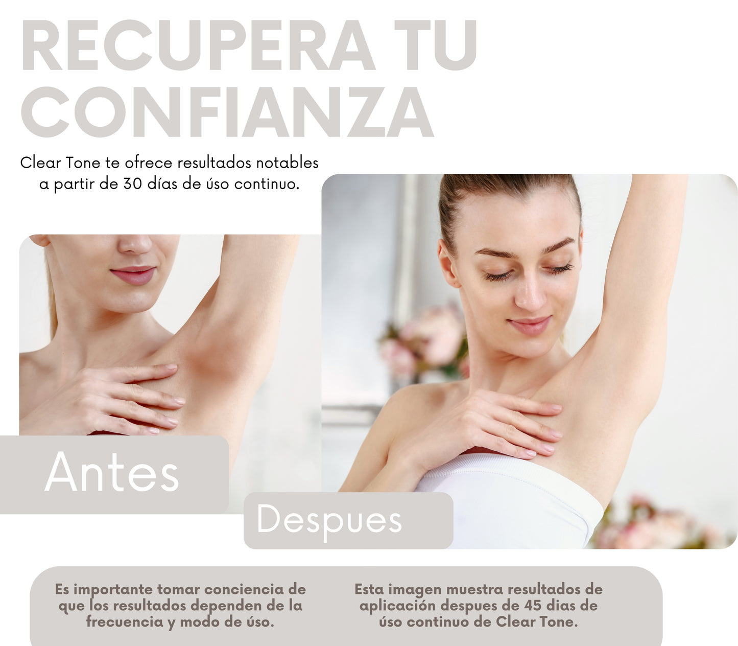 Clear Tone 50g. | Crema Despigmentante para Axilas, Rodillas, Codos, Cuello, Rostro y Manos – Ayuda a Aclarar Manchas por Sol, Edad y Desequilibrios Hormonales