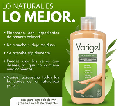 Varigel 475gr. | Alivio para Varices, Hinchazón y Piernas Cansadas con Efecto Refrescante Inmediato
