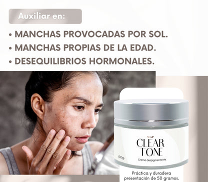 Clear Tone 50g. | Crema Despigmentante para Axilas, Rodillas, Codos, Cuello, Rostro y Manos – Ayuda a Aclarar Manchas por Sol, Edad y Desequilibrios Hormonales