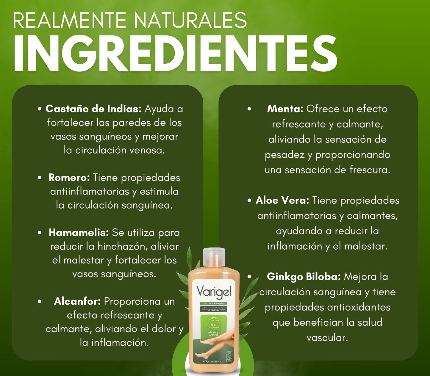 Varigel 475gr. | Alivio para Varices, Hinchazón y Piernas Cansadas con Efecto Refrescante Inmediato