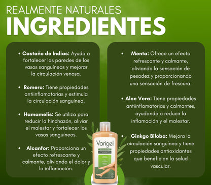 Varigel 475gr. | Alivio para Varices, Hinchazón y Piernas Cansadas con Efecto Refrescante Inmediato