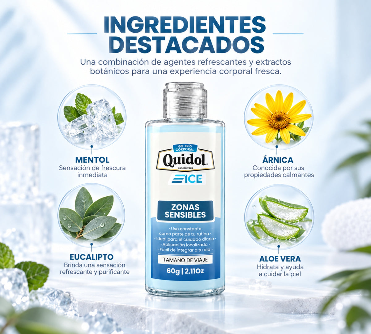 Quidol Ice 60gr. | Gel Extra Frío para Molestias Musculares, Articulares y Después del Ejercicio – Tamaño Viaje