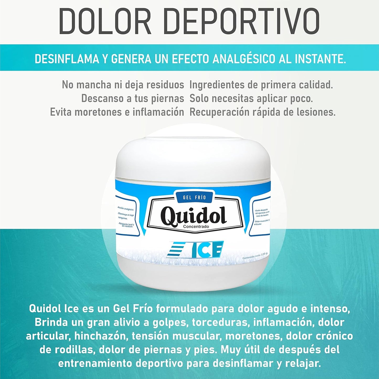 Quidol Ice 120gr. | Gel Extra Frío para Alivio Inmediato de Dolor Muscular y Articular – Efecto Cooling Intenso con Mentol, Árnica y Aloe Vera