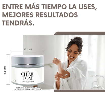 Clear Tone 50g. | Crema Despigmentante para Axilas, Rodillas, Codos, Cuello, Rostro y Manos – Ayuda a Aclarar Manchas por Sol, Edad y Desequilibrios Hormonales