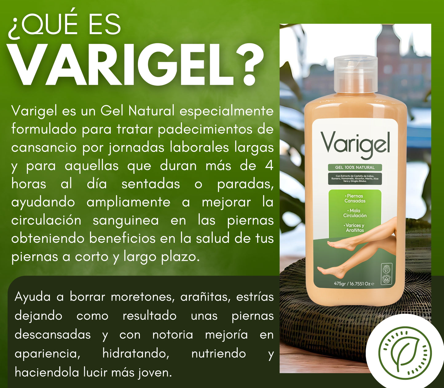 Varigel 475gr. | Alivio para Varices, Hinchazón y Piernas Cansadas con Efecto Refrescante Inmediato