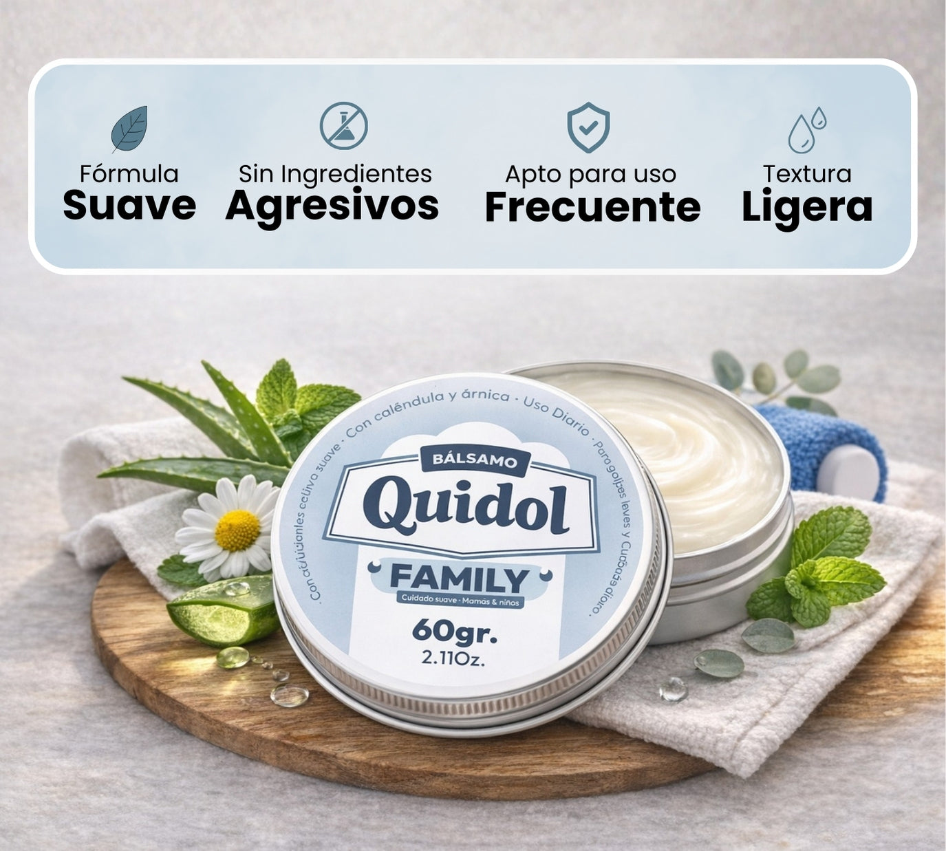 Quidol Family 60gr. | Bálsamo de Alivio Rápido para Golpes, Picaduras y Molestias Diarias – Fórmula Suave para Toda la Familia con Árnica y Caléndula