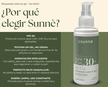 Sunnè 100ml. | Bloqueador solar facial en gel FPS 30 – Protección contra sol y luz azul – Control de grasa, uso diario y acabado mate