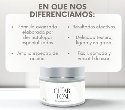Clear Tone 50g. | Crema Despigmentante para Axilas, Rodillas, Codos, Cuello, Rostro y Manos – Ayuda a Aclarar Manchas por Sol, Edad y Desequilibrios Hormonales