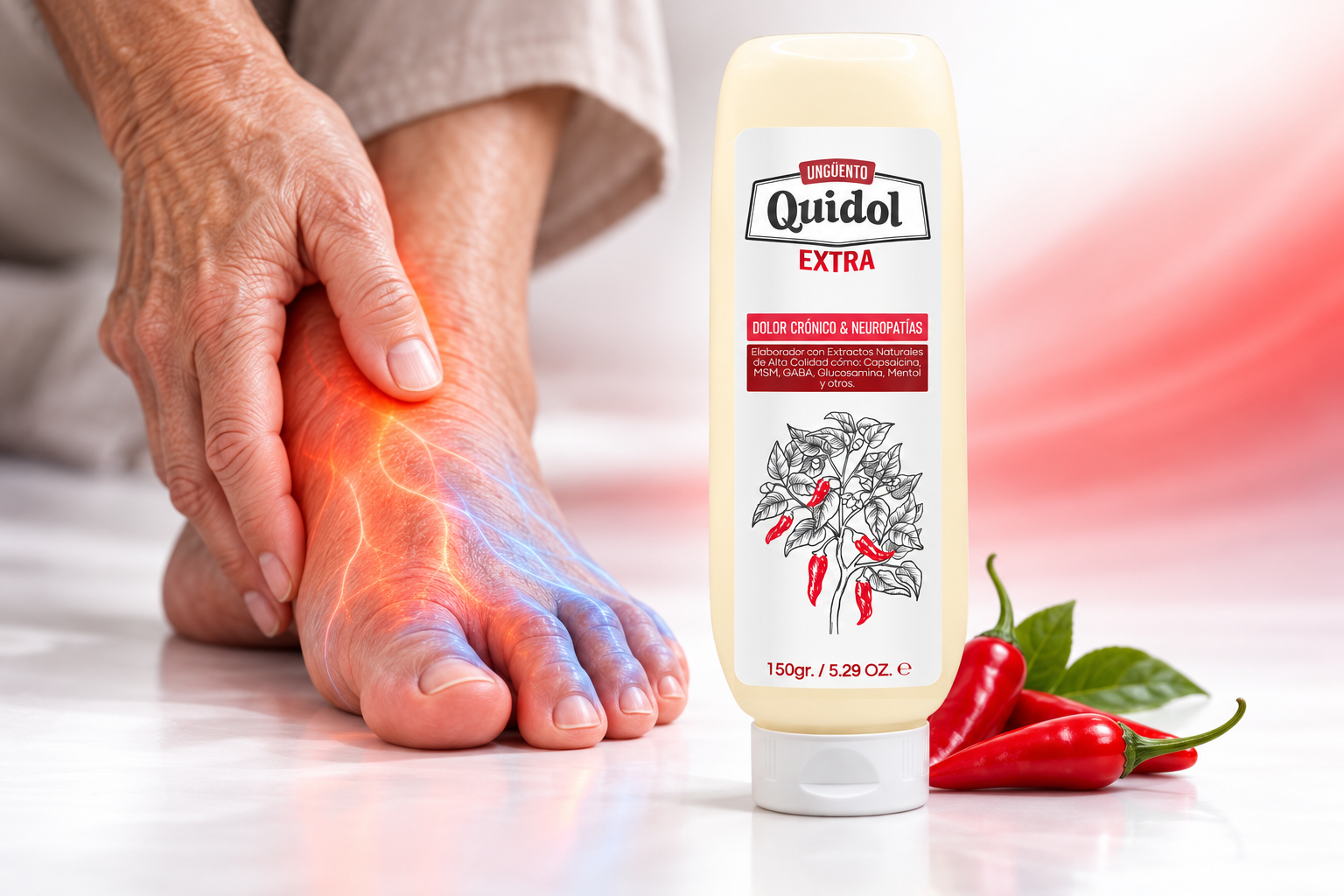 Quidol Extra y representación de dolor nervioso en el pie